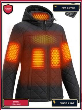 Graphene Heated Jacket Women Rechargeable 3 Heat Settings Winter Quilted
